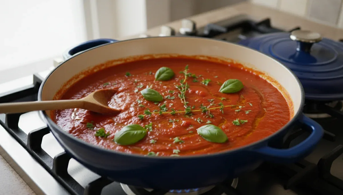 Simmering tomato sauce in an enameled cast iron pan on a kitchen stovetop.