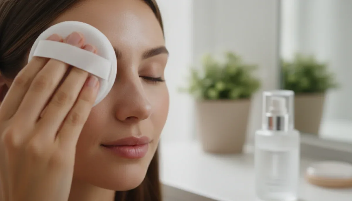 Applying setting powder with a velour puff on the face.