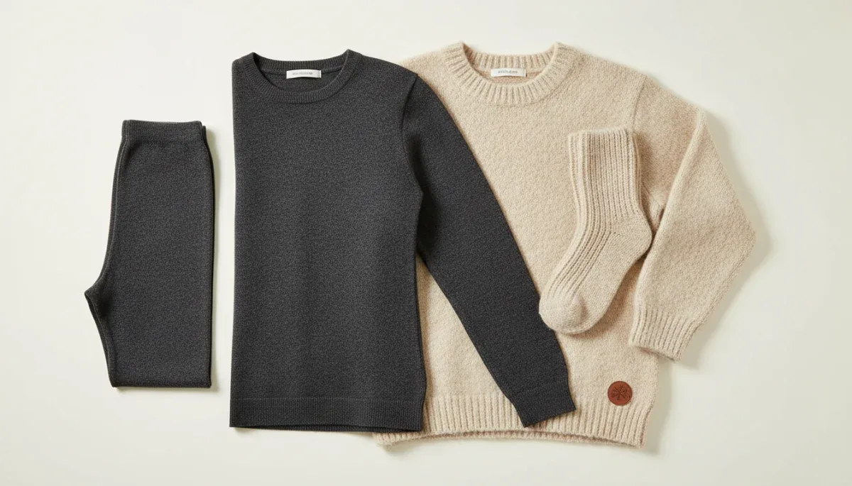 Merino wool base layer and cashmere crewneck sweater flat lay