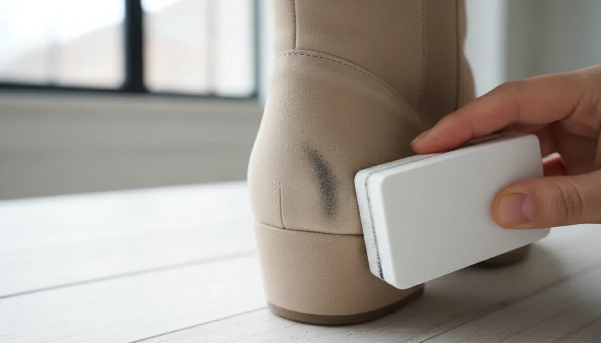A suede eraser lifting a scuff mark from a suede boot heel.