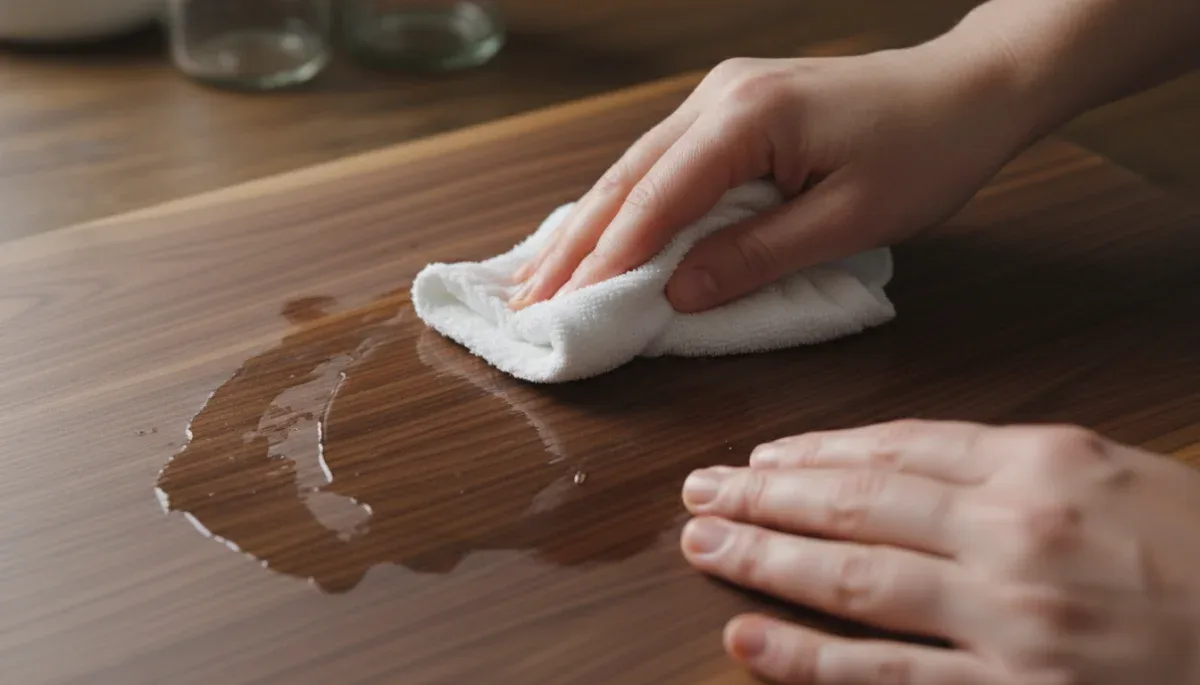 Applying mineral oil to a dark walnut cutting board with a soft cloth.