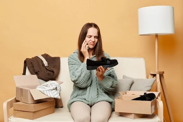 A person looking frustrated while holding a shoe and their phone, perhaps on a customer service call, illustrating a common return challenge. The background shows a mess of return packaging materials.