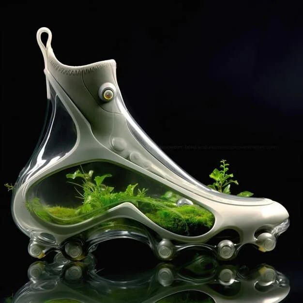 A graphic rendering of a sustainable and ethical manufacturing process for shoes, showing eco-friendly materials and fair labor conditions, contrasting with the fast fashion model.