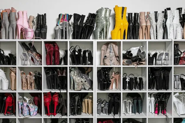 A well-organized shoe closet with neatly arranged SHEIN shoes on shelves and racks. Some shoes have shoe trees inserted, and there are clear storage boxes visible, showcasing effective storage solutions.