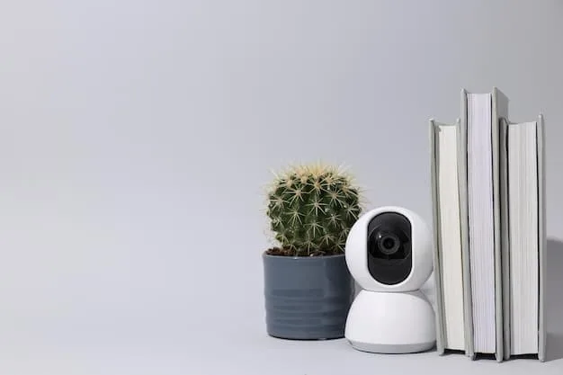 A close-up of a small, discreet smart home security camera from SHEIN, placed subtly on a bookshelf, illustrating its integration into a daily home environment.