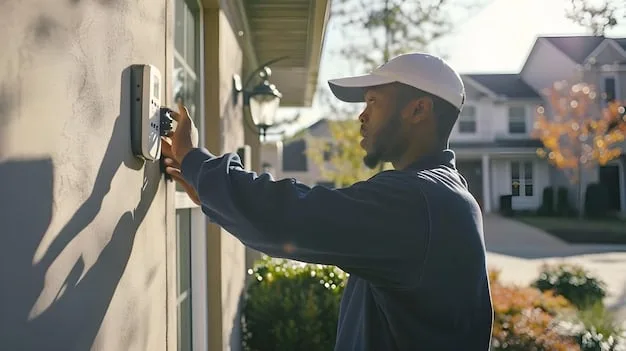 A homeowner in the US carefully installing a DIY smart security camera near a front door, emphasizing ease of use and personal involvement in home protection.