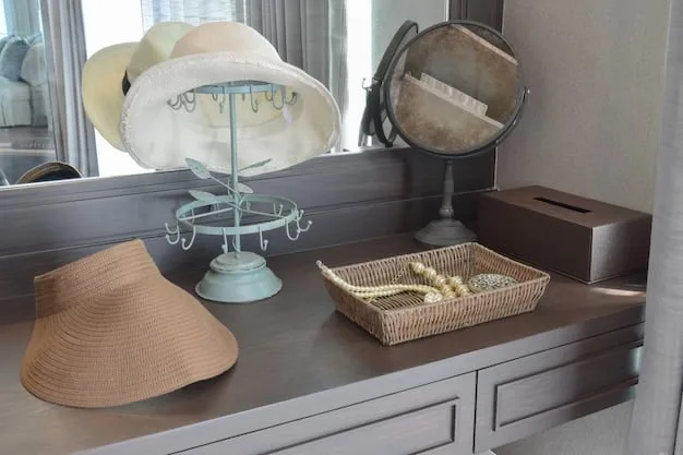 A neatly organized bedroom vanity with DIY decorative trays, personalized small storage boxes, and soft ambient lighting from string lights, all sourced or inspired by SHEIN. Clean, minimalist aesthetic.