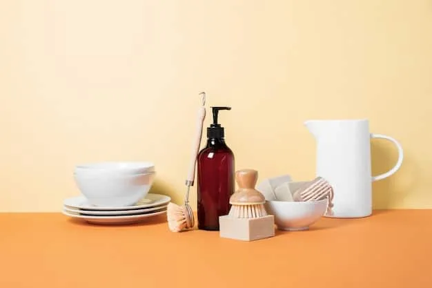 A bright, modern kitchen counter with a few aesthetically pleasing SHEIN cleaning products, such as a stylish dish brush, a decorative soap dispenser, and a vibrant microfiber cloth, neatly arranged.