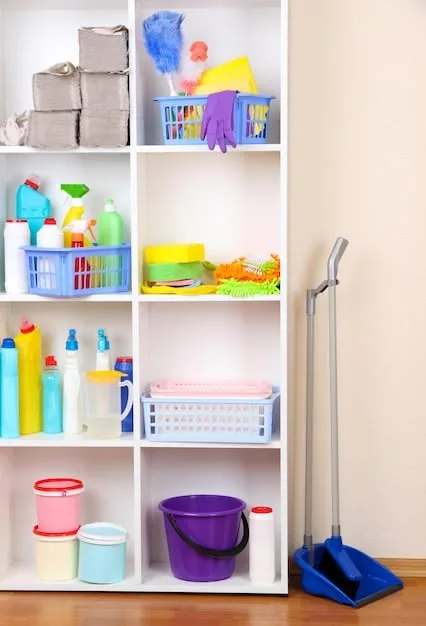 A neatly organized cleaning cabinet or utility closet, featuring various SHEIN storage containers and racks holding cleaning products, all appearing tidy and accessible.