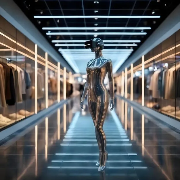 A futuristic fashion design studio with holographic displays showing garment patterns and simulations, a 3D printer actively forming a textile sample, highlighting the blend of digital design and advanced manufacturing.