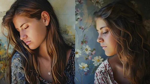 A split image showing a woman's face. One side depicts natural, light daytime makeup and loosely styled hair. The other side shows the same woman with more defined eye makeup, a bolder lip color, and her hair styled into an elegant updo, illustrating the makeup and hair transformation.