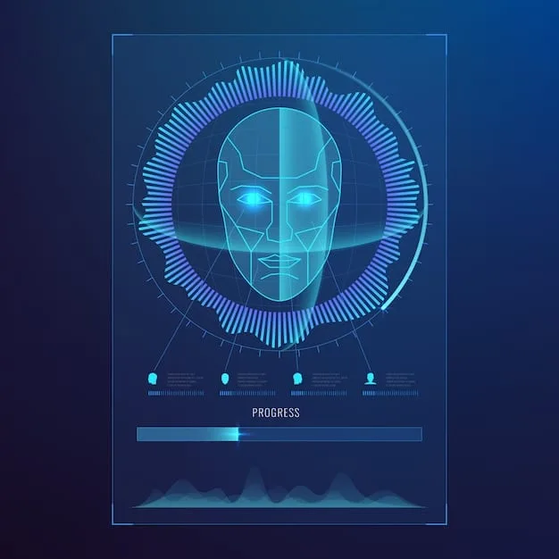 A stylized interface showing AI analyzing a face, with data points and graphs overlaid on the skin, demonstrating advanced diagnostic technology for personalized skincare recommendations.