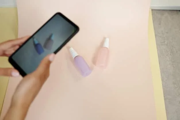 A person's hand holding a smartphone, with a beauty ingredient database app open on the screen, showing a search bar and results for a chemical name.