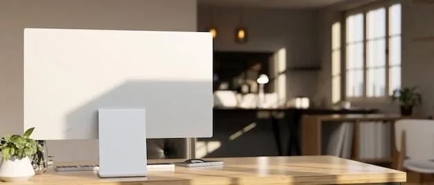 A close-up shot of an ergonomic monitor stand in a home office, displaying a computer screen at an ideal eye-level height. The desk is tidy, suggesting efficient use of space provided by the stand.