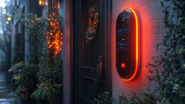 A sleek, modern smart doorbell camera mounted beside a residential front door, actively recording activity with a glowing blue light.