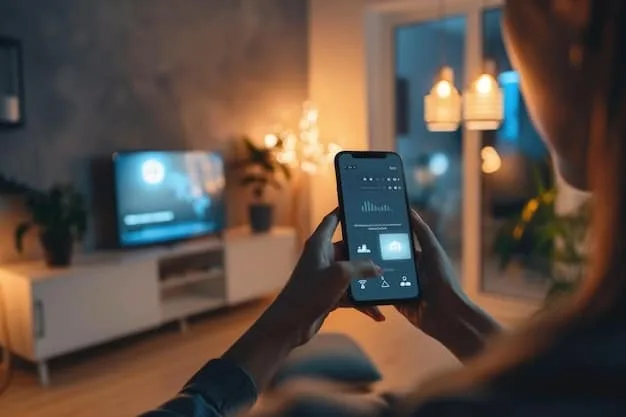 A pair of hands operating a smartphone app, displaying controls for smart home devices, with blurred lights in the background suggesting automated smart lighting in a living room.