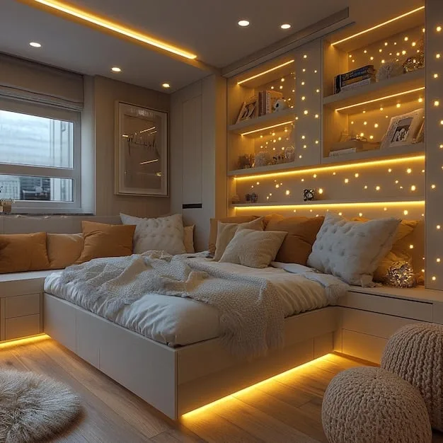 A cozy bedroom in a small apartment, featuring warm, layered lighting from an elegant floor lamp and decorative LED strip lighting behind a bed, sourced from SHEIN Home.
