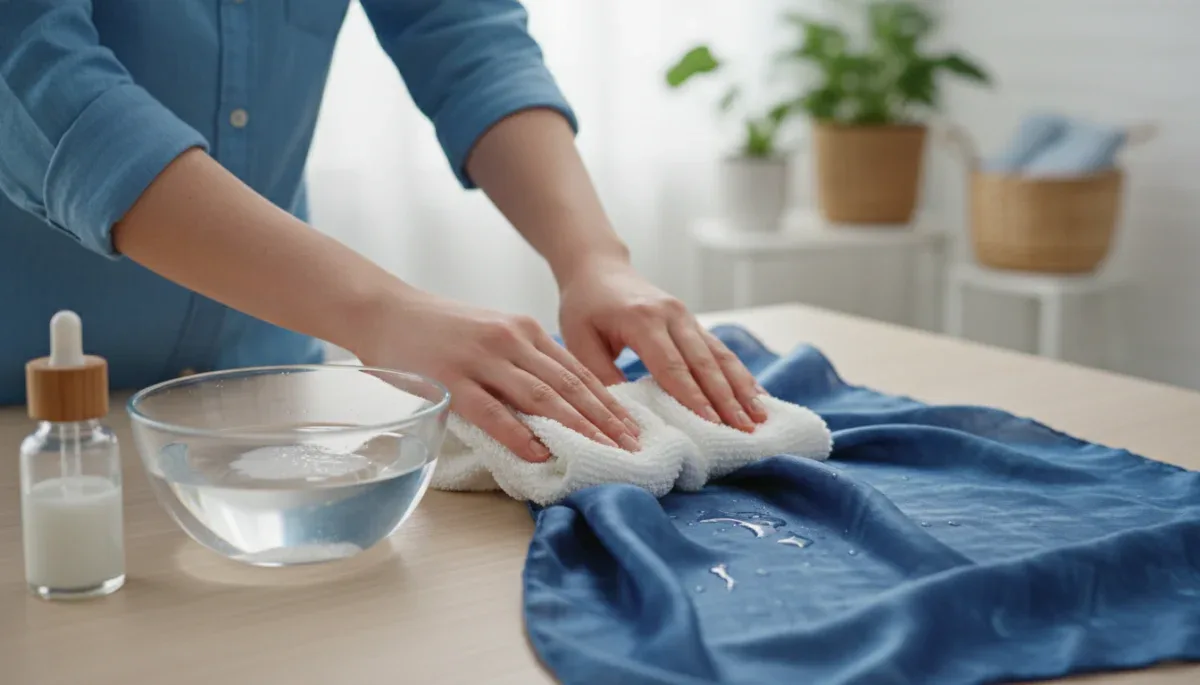 Blotting delicate silk fabric with a soft cloth to remove residue.