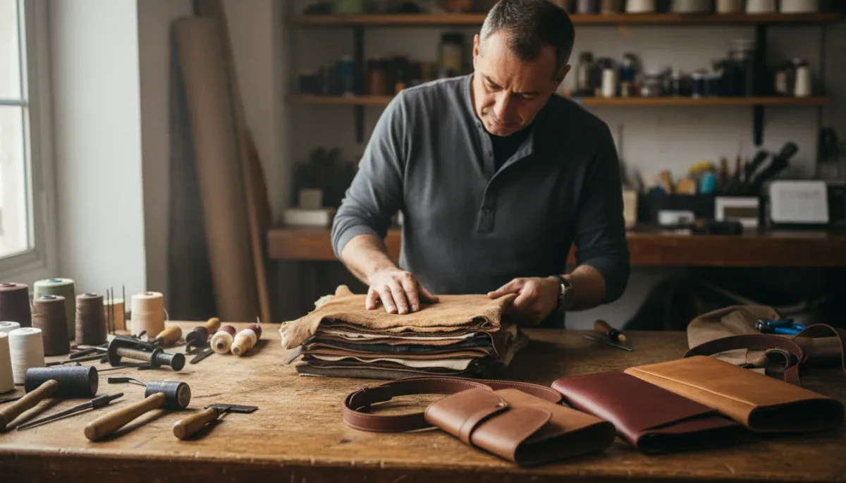 Leather artisan inspecting hide thickness and cut quality for handbag construction.