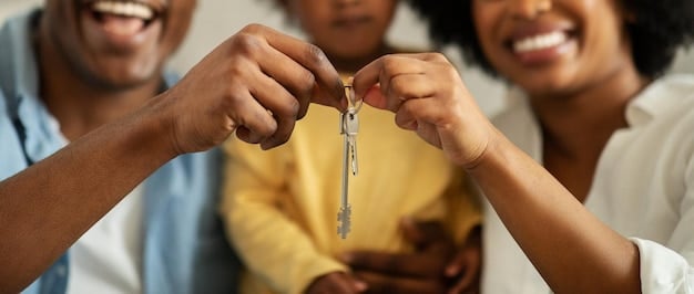 Volunteers assisting residents in a newly constructed affordable housing complex, smiling and handing over keys.