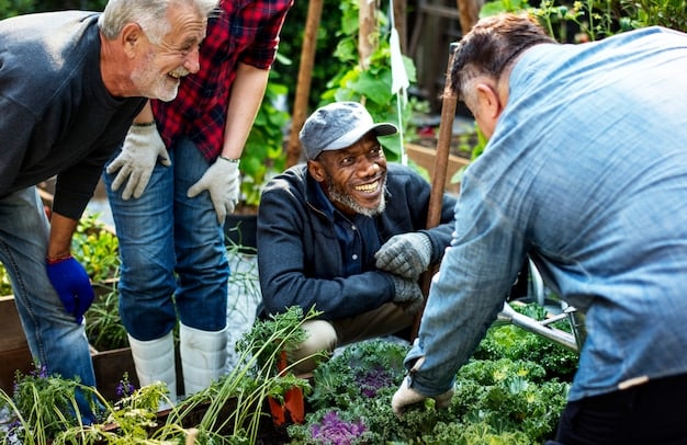 A group of volunteers planting a community garden in an underprivileged neighborhood, symbolizing community-led initiatives.