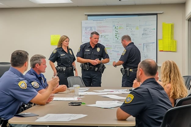 A community meeting where law enforcement officers are presenting the new public safety data collection guidelines to residents. The atmosphere is open and collaborative, showing a diverse group of people actively participating in the discussion.