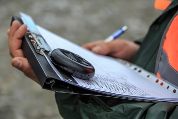 A close-up of a first responder meticulously filling out a report at an incident scene, emphasizing the attention to detail required for accurate public safety reporting.