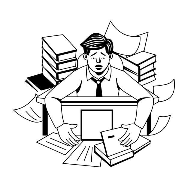 A frustrated officer sitting at a desk surrounded by piles of paperwork, symbolizing the inefficiencies of manual data entry.