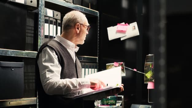 An auditor reviewing a stack of incident reports in a well-organized office setting, highlighting the meticulous attention to detail required for public safety audits.