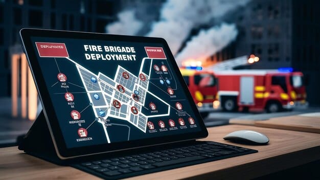 An AI-powered emergency dispatch system interface, showing real-time incident data, resource allocation, and communication logs.