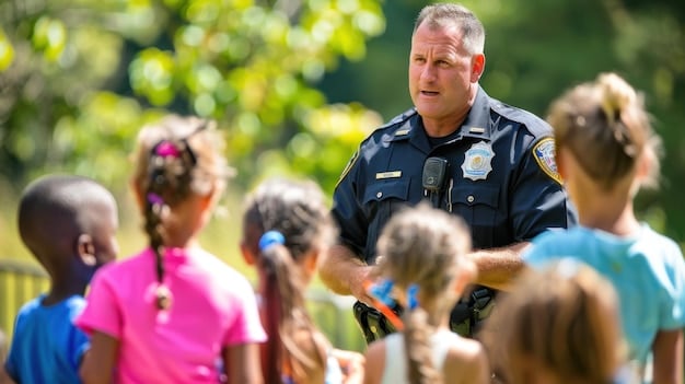 A police officer interacting with children at a community event, demonstrating a friendly and approachable demeanor. The scene highlights the importance of positive relationships between law enforcement and the community.