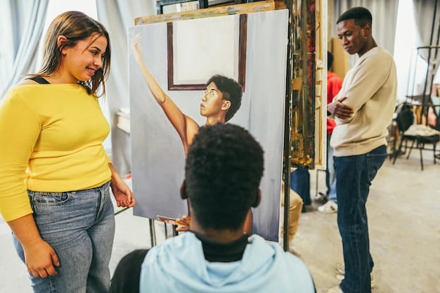 An artist is leading a workshop with community members of all ages, teaching them how to paint and contribute to the mural design. The participants are engaged and enthusiastic, showing the collaborative spirit of the project. The scene emphasizes the importance of community involvement in creating meaningful public art.