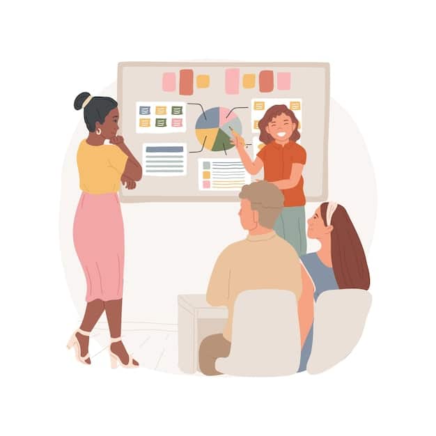 A community theater group is holding a brainstorming session, with charts and graphs displayed on a whiteboard, illustrating ticket sales trends and marketing strategies.