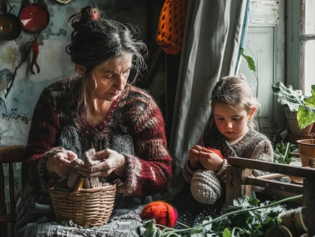 An elderly Native American woman teaches a young girl how to weave a traditional basket. The scene is set in a community center, with finished baskets displayed in the background, emphasizing the intergenerational transfer of cultural knowledge and artistic skills.