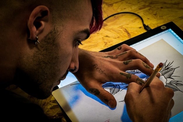 A local artist working on a digital artwork using a drawing tablet and computer, with a focus on the tools and software used in the creative process.