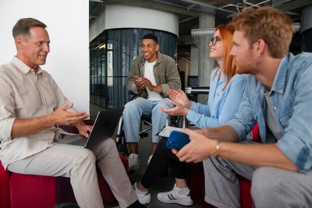 A group of mentors are brainstorming ideas for a new mentorship program in a meeting room. They are using a whiteboard to outline their goals, strategies, and resources. The atmosphere is collaborative and enthusiastic, with mentors from diverse backgrounds and artistic disciplines.