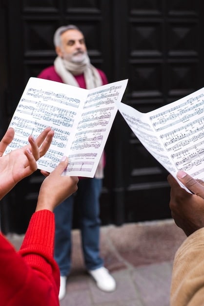 A close-up of sheet music with visible vocal parts (soprano, alto, tenor, bass), showing musical notes and lyrics being sung by the choir.