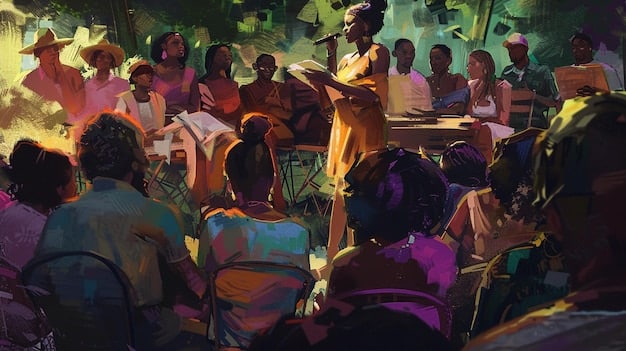 A street scene showing tourists and locals gathered around a historical marker. A local artist is giving an impromptu performance, sharing stories and songs that bring the history of the area to life.