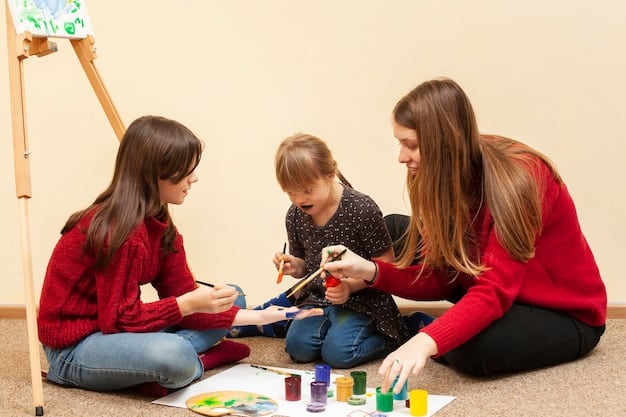 A therapist facilitating a group art therapy session with children. The children are seated around a table, joyfully engaged in creating artwork with paints, markers, and crayons. The therapist is interacting with one of the children, offering encouragement and guidance. The setting is a brightly colored room designed to be welcoming and stimulating.