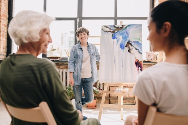 An art therapist is conducting a session with a group of senior citizens in a community center art room. The seniors are carefully crafting collages using colorful paper, beads, and fabric scraps. Natural light floods the room.