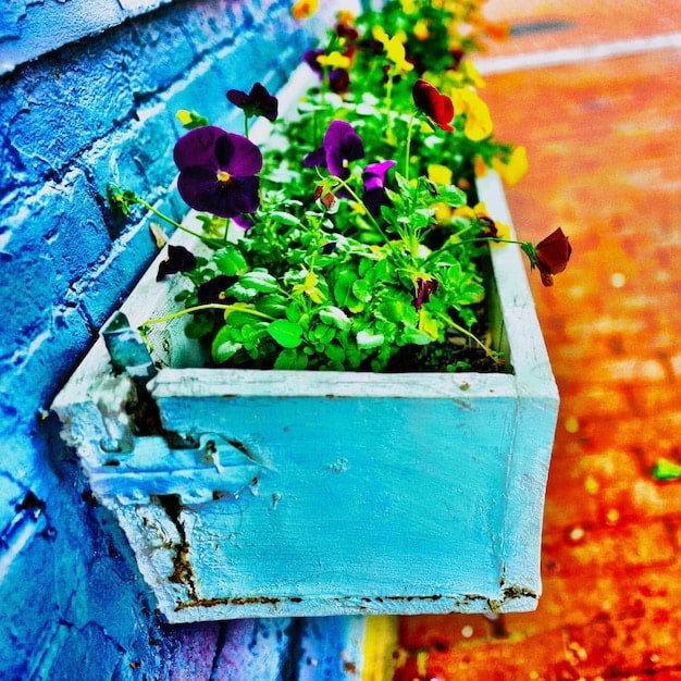 A brightly colored streetscape in a formerly blighted urban area, featuring painted crosswalks, planters filled with flowers, and outdoor seating areas. Children are playing, and people are socializing, illustrating a successful revitalization initiative.