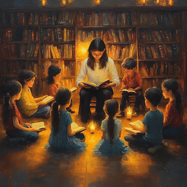 A bustling scene in a library, showing a children's storytelling session. A librarian is reading aloud from a picture book, surrounded by a group of attentive children sitting on a colorful rug. The room is decorated with posters and displays related to reading and literacy, creating an engaging and stimulating environment for young learners.