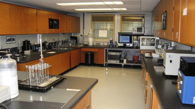 A photograph of a school kitchen, fully equipped with modern appliances and staffed by food service professionals preparing healthy meals. Fresh ingredients are visible, including colorful fruits, vegetables, and whole-grain products.