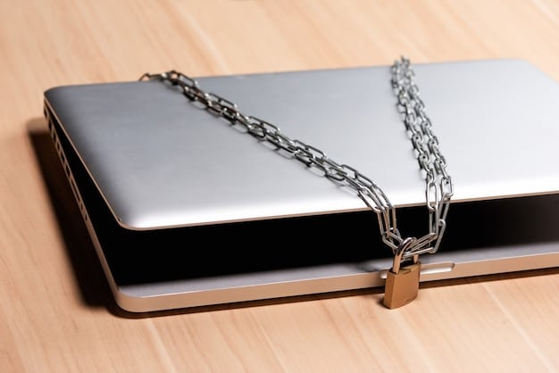 A close-up shot of a school Chromebook with a padlock icon subtly displayed on the screen. In the background, there are blurred images of students using laptops in a classroom setting. The focus is on the security aspect of digital devices in schools.
