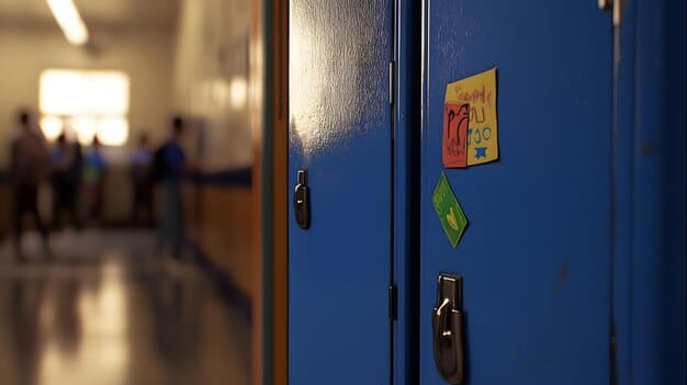 A close-up shot of a school entrance with visible safety features, including a security camera, a door with reinforced locks and a sign indicating visitor check-in procedures.