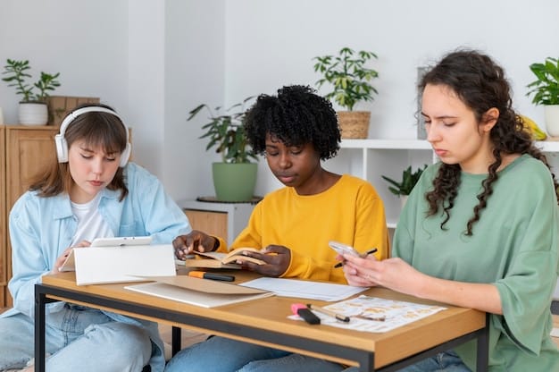 Students collaborating on a project-based learning activity in a personalized learning environment. They are engaged, enthusiastic, and working together to solve a problem.