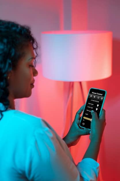 A person using a smartphone app to control a smart light bulb from SHEIN, depicted in a modern living room, highlighting the convenience of smart home technology.