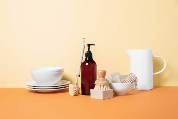 A bright, modern kitchen counter with a few aesthetically pleasing SHEIN cleaning products, such as a stylish dish brush, a decorative soap dispenser, and a vibrant microfiber cloth, neatly arranged.