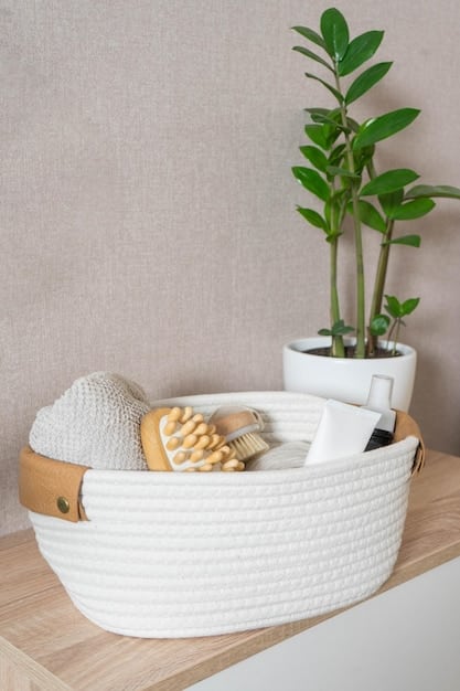 A clean, spa-like bathroom with organized vanity, decorative storage baskets, and a small artificial plant on the counter. The overall impression is serene and well-designed, with items inspired by SHEIN.