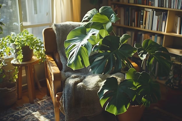 A cozy reading nook designed with biophilic principles, featuring a large Monstera plant, a wooden armchair with a woven throw, a natural light source, and botanical print cushions, showcasing a connection to nature.